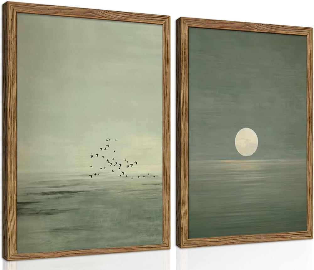 Framed Japanese Zen Wall Art Set of 2, Minimalist Sage Green Flying Duck Canv...