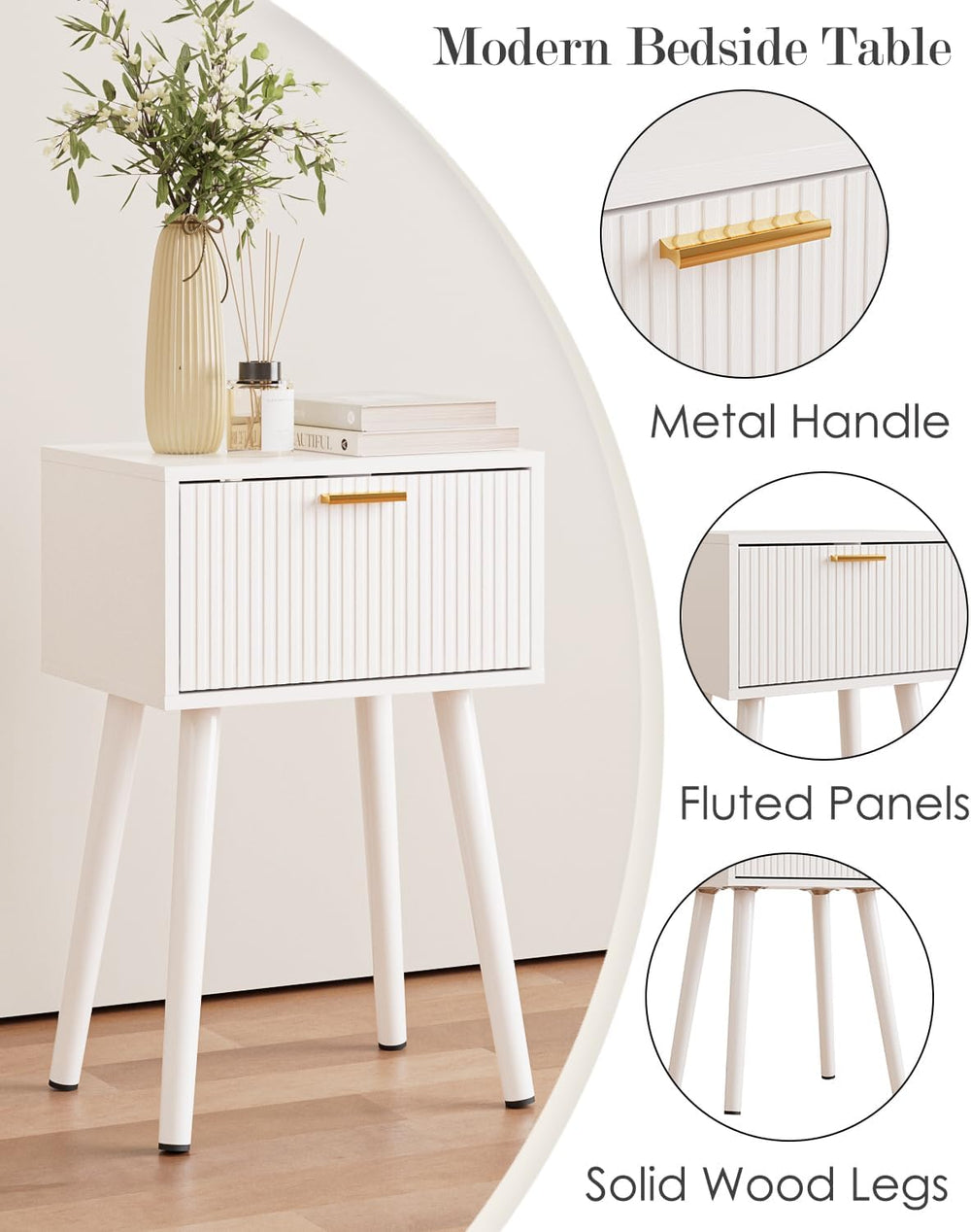 Night Stand Set 2, Modern Nightstand with Fluted Doors, White