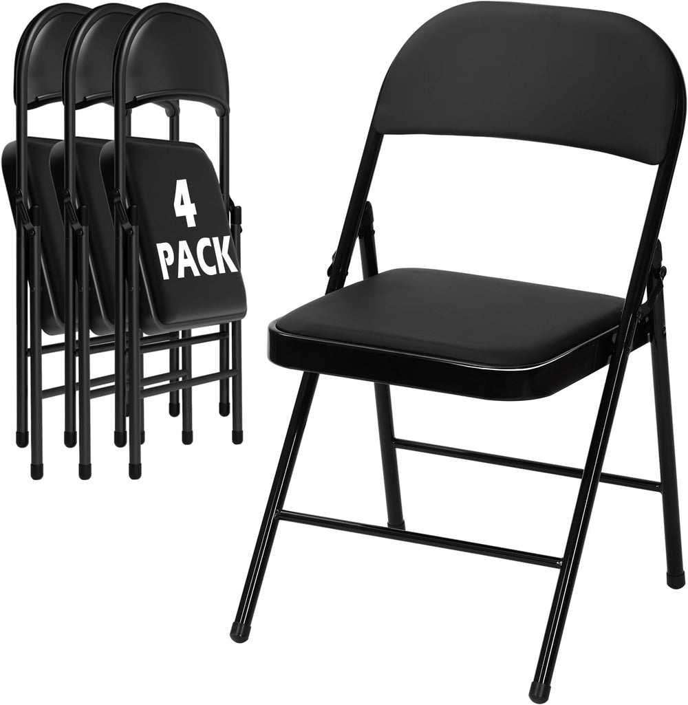 4 Pack Black Padded Folding Chairs with Metal Frame