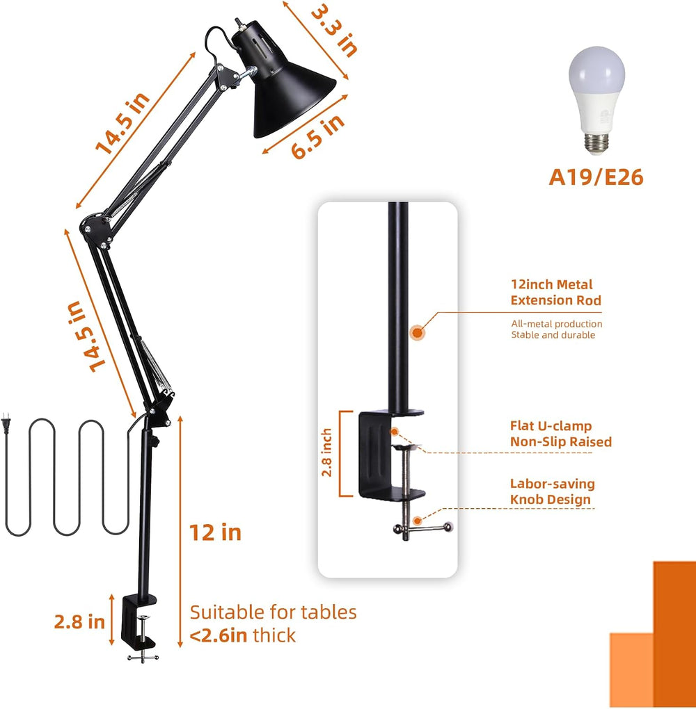 Black Dimmable Desk Lamp with Clamp, Extra-Tall Adjustable Swing Arm