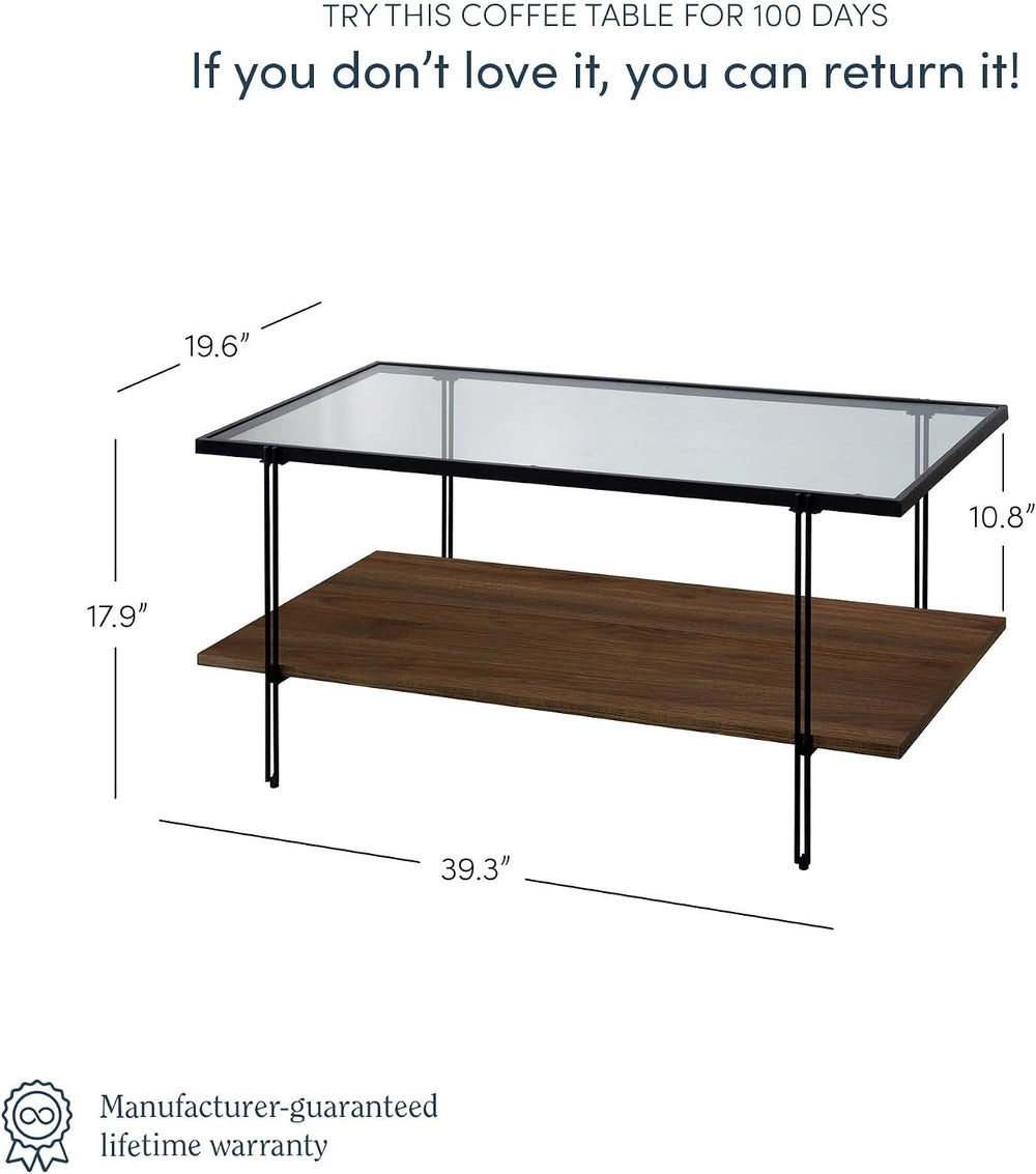 Nathan James Asher Mid-Century Rectangle Coffee Table Glass Top and Wood Fini...