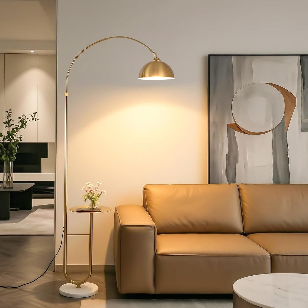 Gold Arc Floor Lamp with Table, Stepless Dimming & Remote,E26 Bulb Included