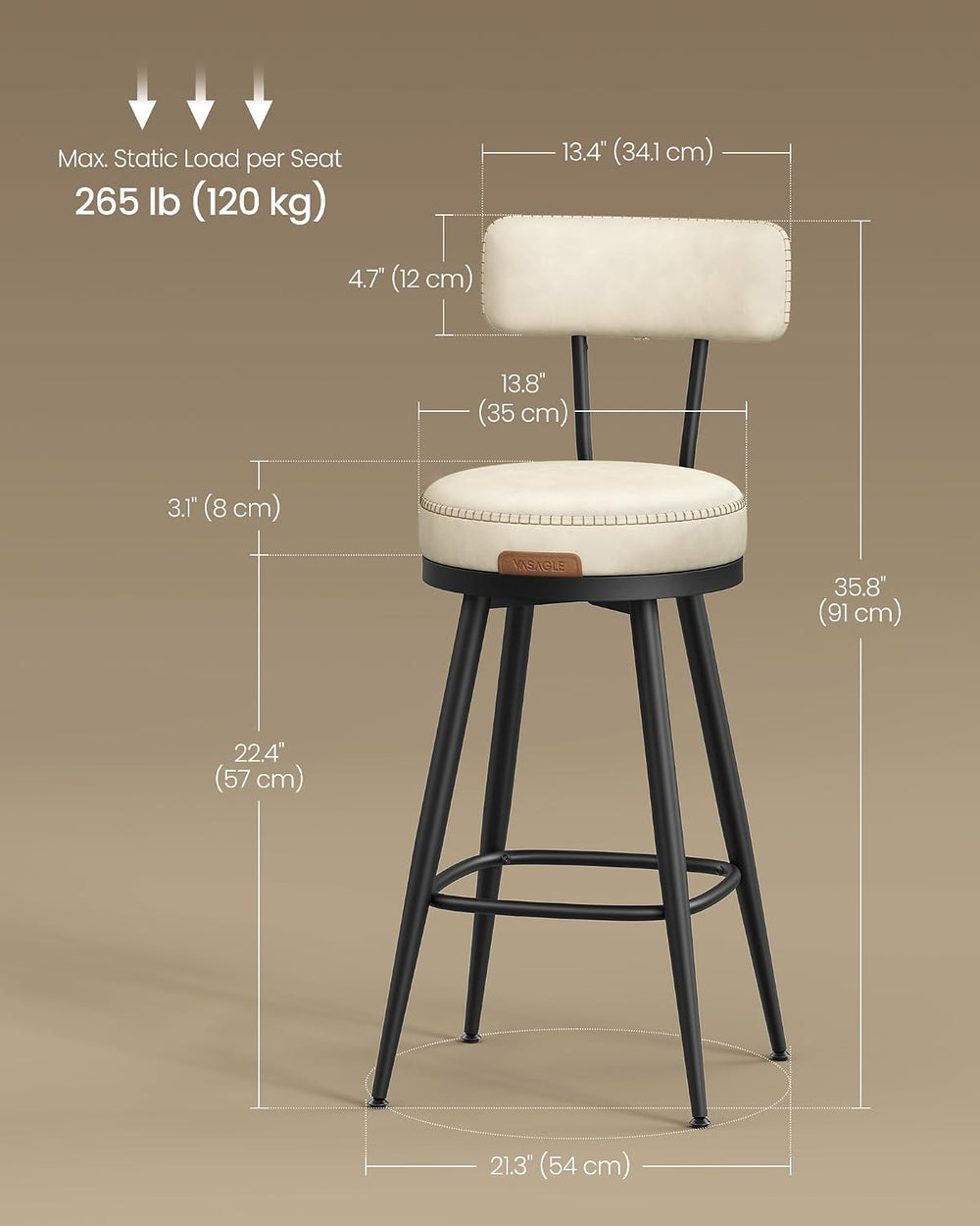 VASAGLE Bar Stools Set of 2, Swivel Counter Height with Back, 25.6-Inch
