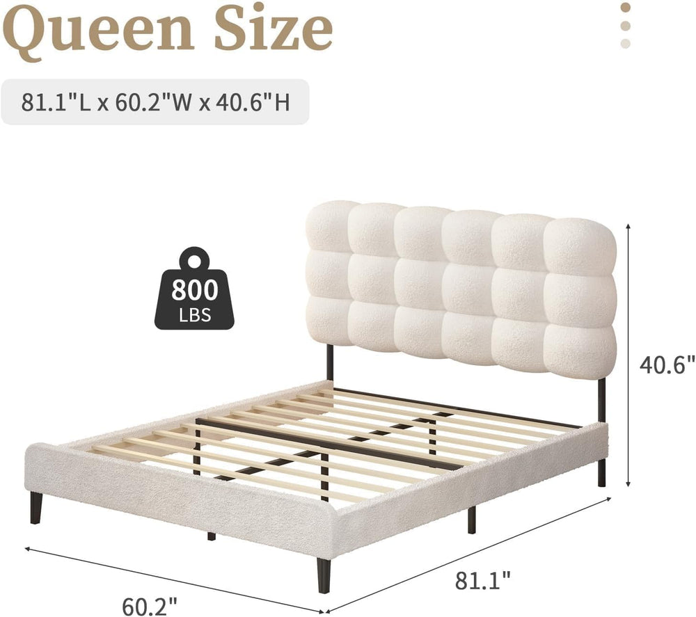 BarnFurin Queen Bed Frame, Soft Teddy Cloud Boucle Headboard, White