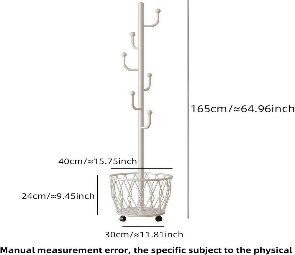 Off-White Moveable Cactus Metal Coat Rack with Basket Freestanding