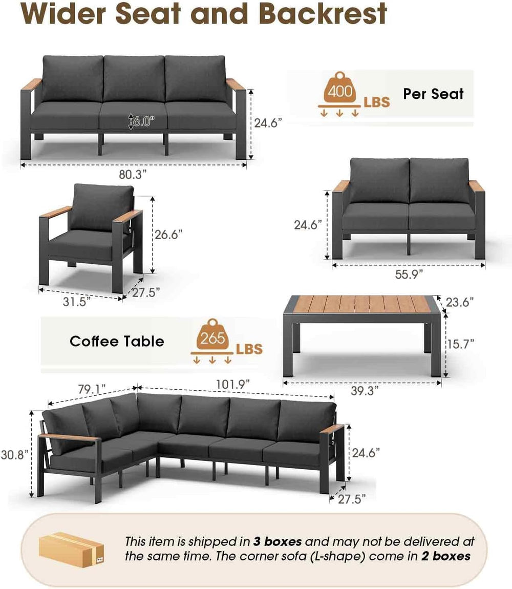 Aluminum Outdoor Patio Furniture Set 6 Seats, Outdoor Sectional Corner Sofa w...