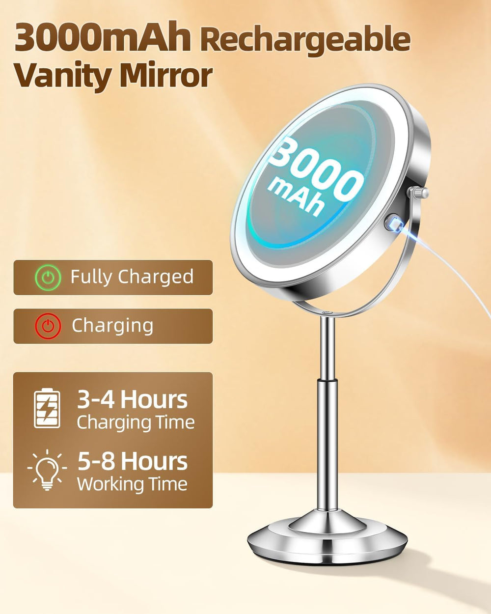 1X/30X 8" Magnifying Makeup Mirror with Lights Height Adjustable for Desk