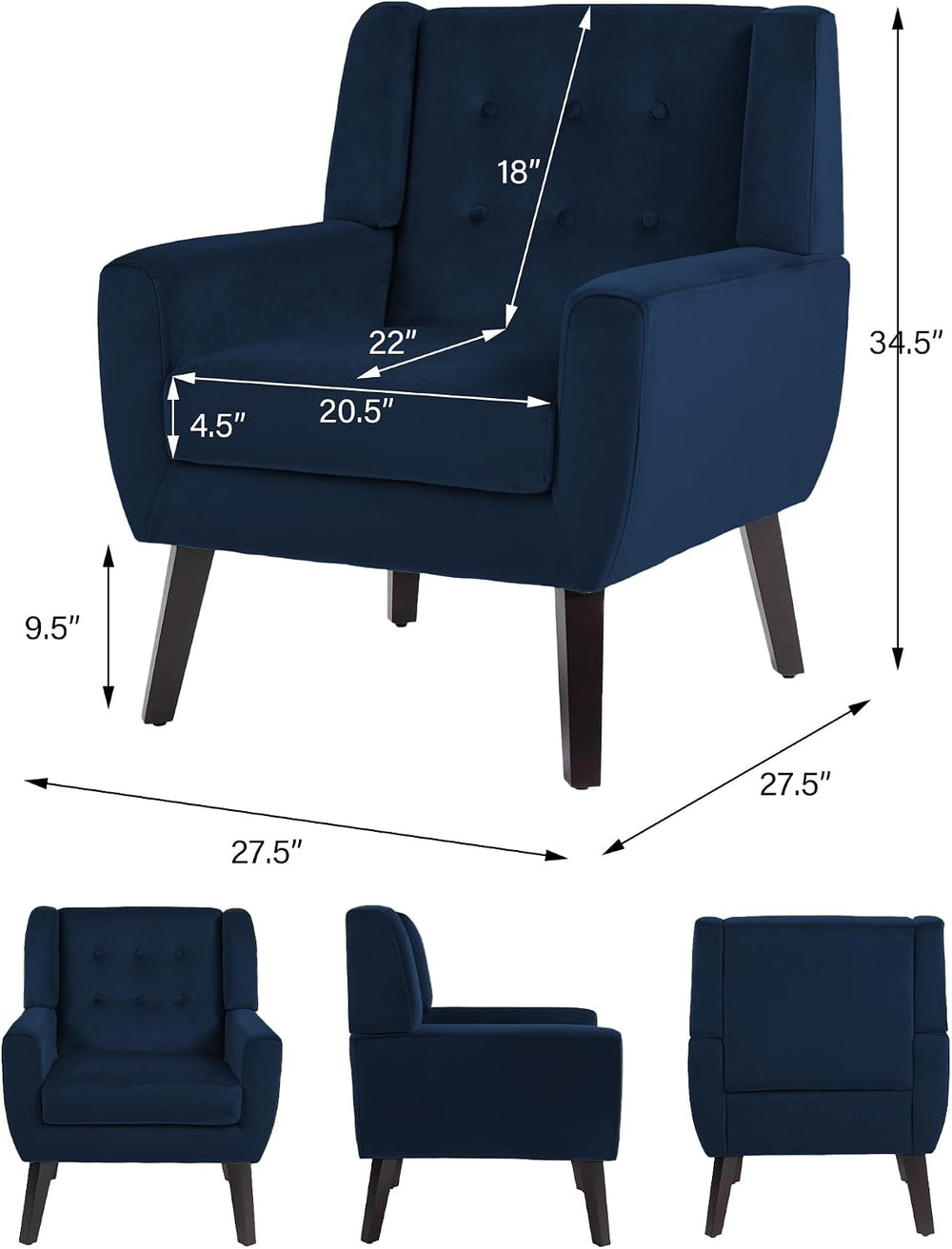 Accent Chairs Set of 2, Comfy Reading Armchair, Royal Blue