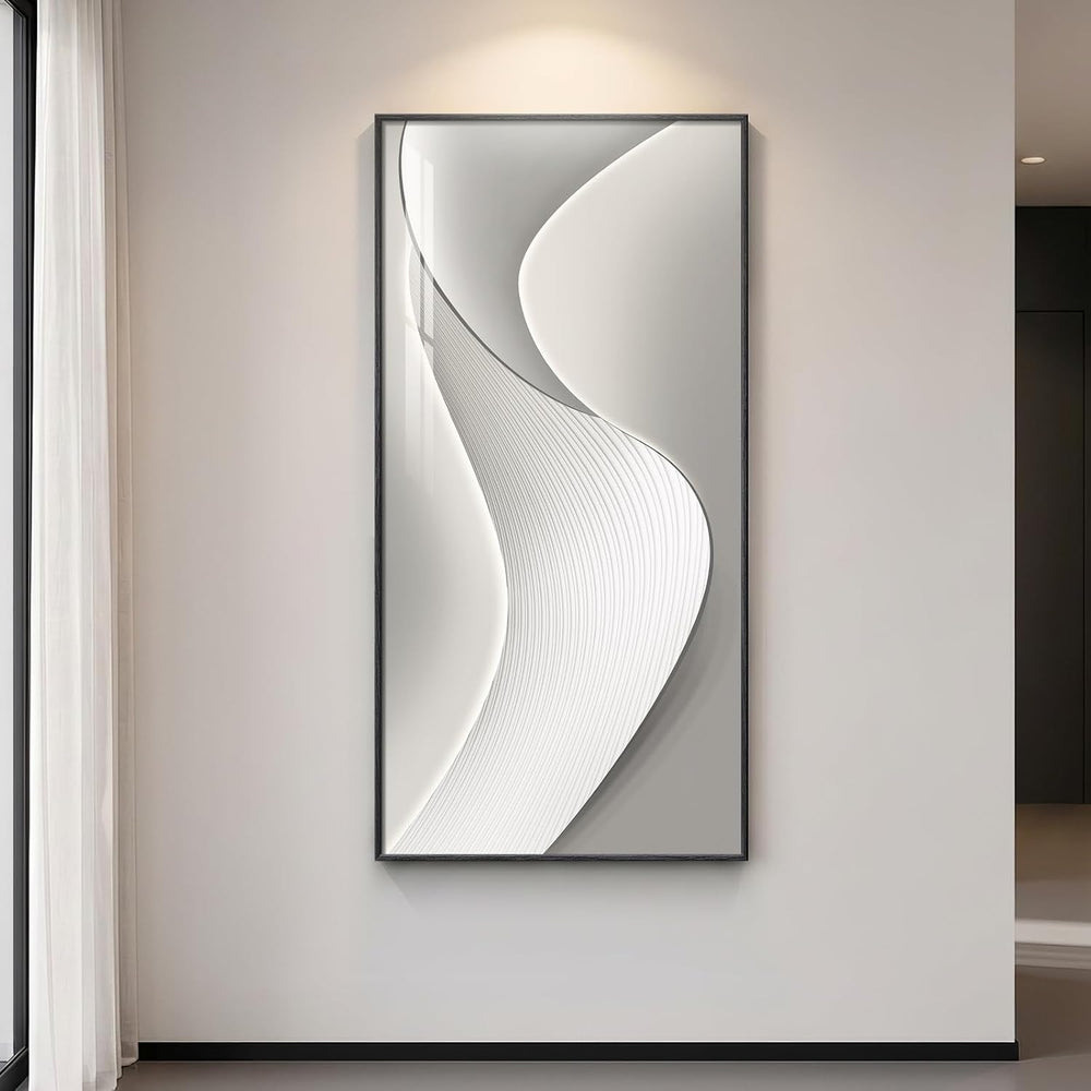 Large Framed Silver White Abstract Wall Art for Living Room, Vertical 30x60
