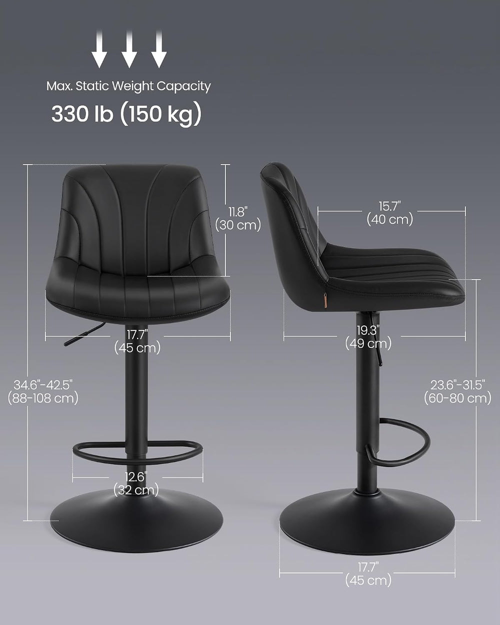 VASAGLE Bar Stools Set of 4, Adjustable Bar Chairs with Backs, 360° Swivel