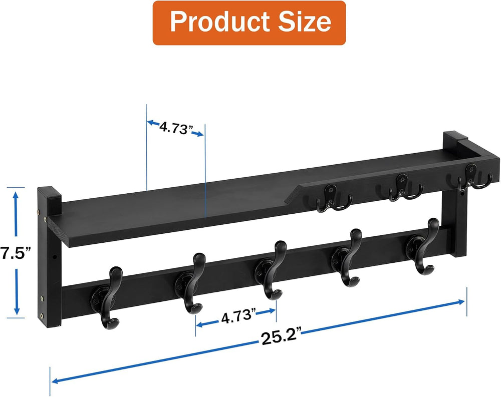 25.2" 4-in-1 Wall Mount Coat Rack with Shelf, Key Holder & Mail Orga...