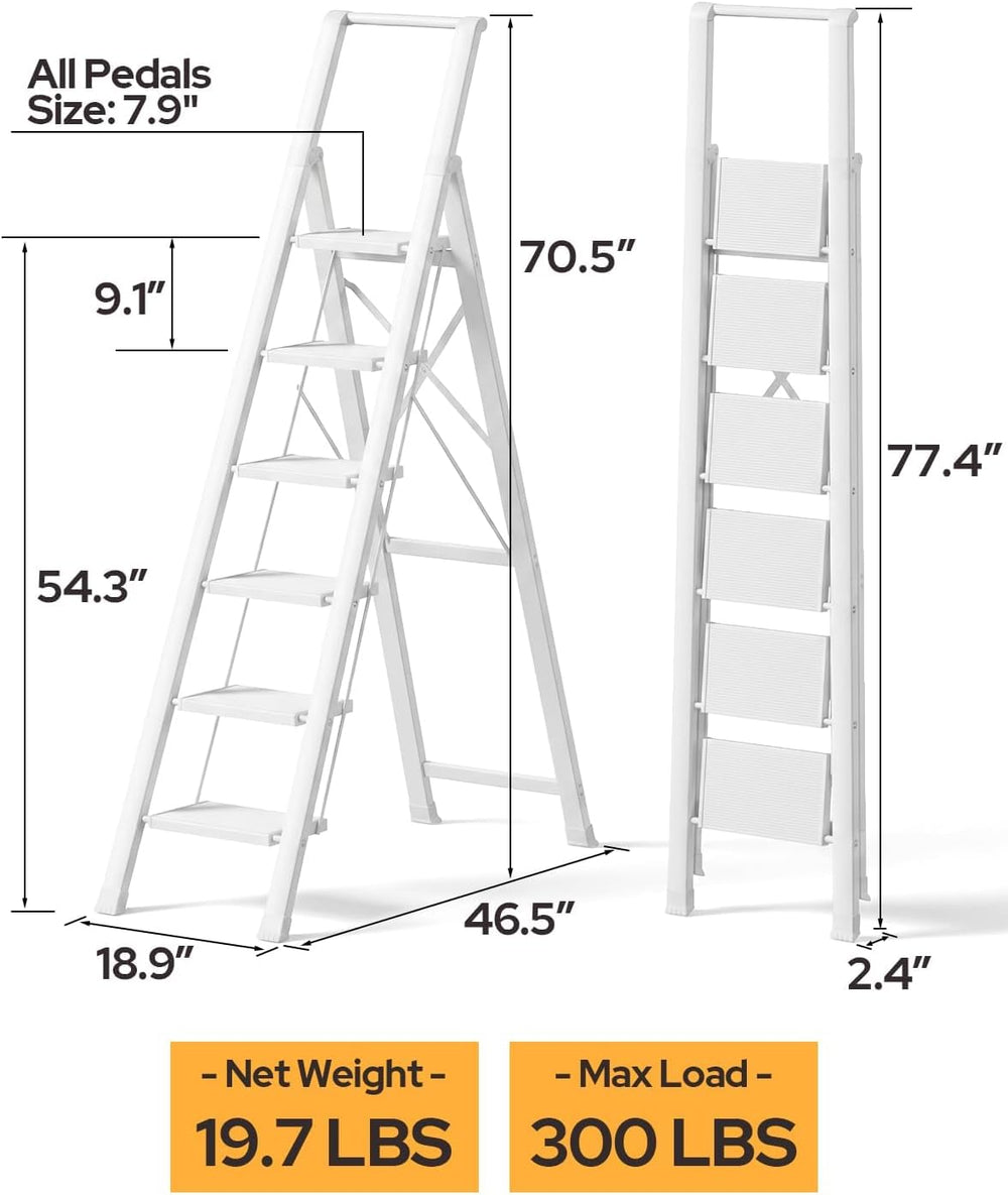 6 Step Ladder, Foldable 6 Step Stool, White
