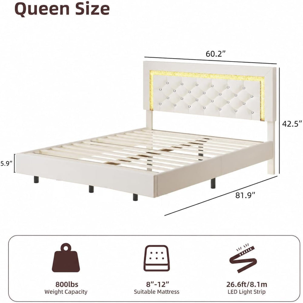 Floating Bed Frame Queen with LED Lights and Diamond Headboard,White