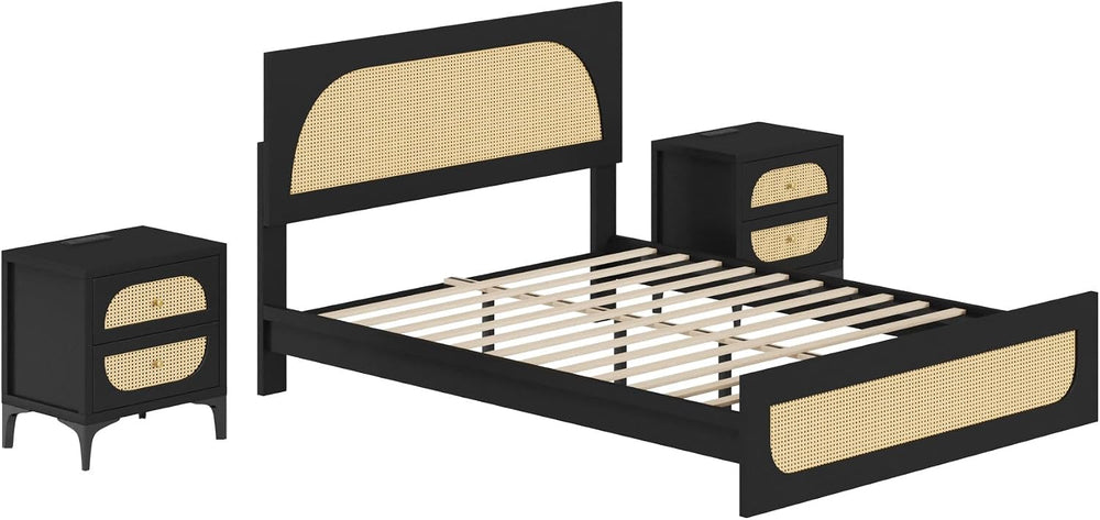 KISLOT Rattan Bed Frame with 2 Nightstands, Boho Platform, Black, Queen