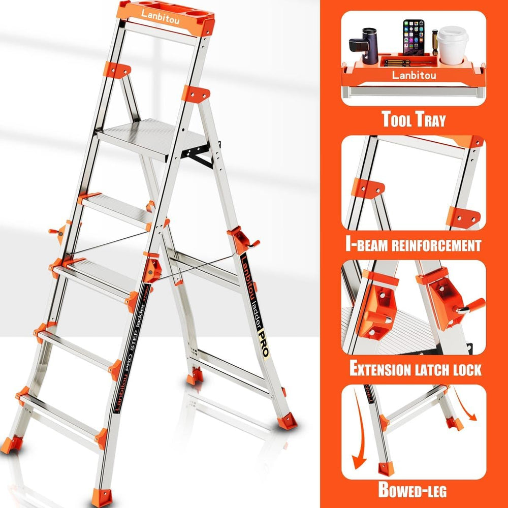 LANBITOU 5 Steps Aluminum Portable Folding Ladder for Stairs Home 330lbs