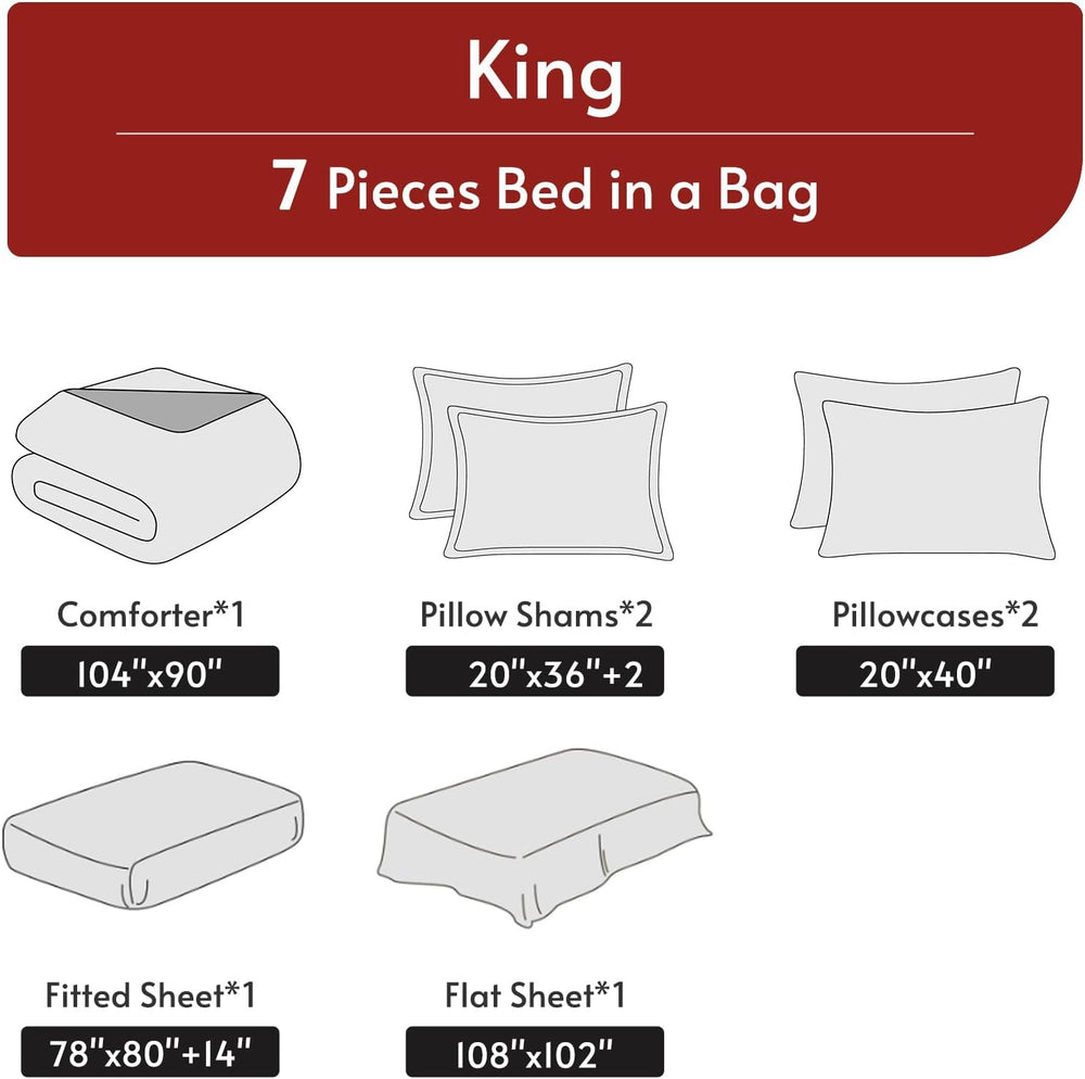 MUXHOMO King Comforter Set 7 Pieces, Reversible Bed in a Bag, Red/Black