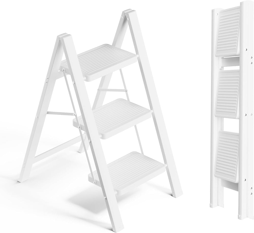 SOLADDER 3 Step Ladder, Folding Step Stool, Lightweight Stepladder, White