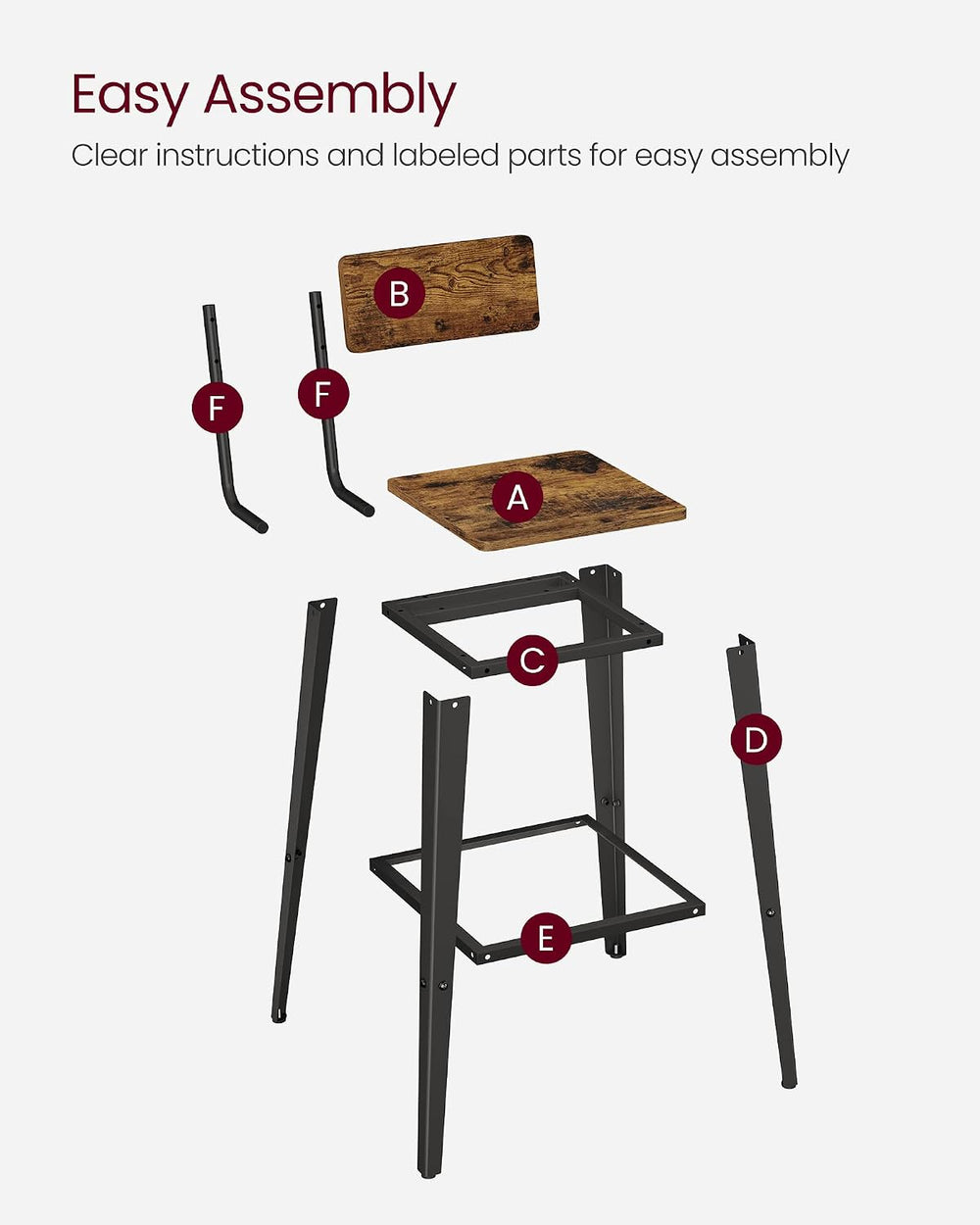 VASAGLE Bar Stools Set of 2, 29.7 Inches Tall, with Back, Steel Frame