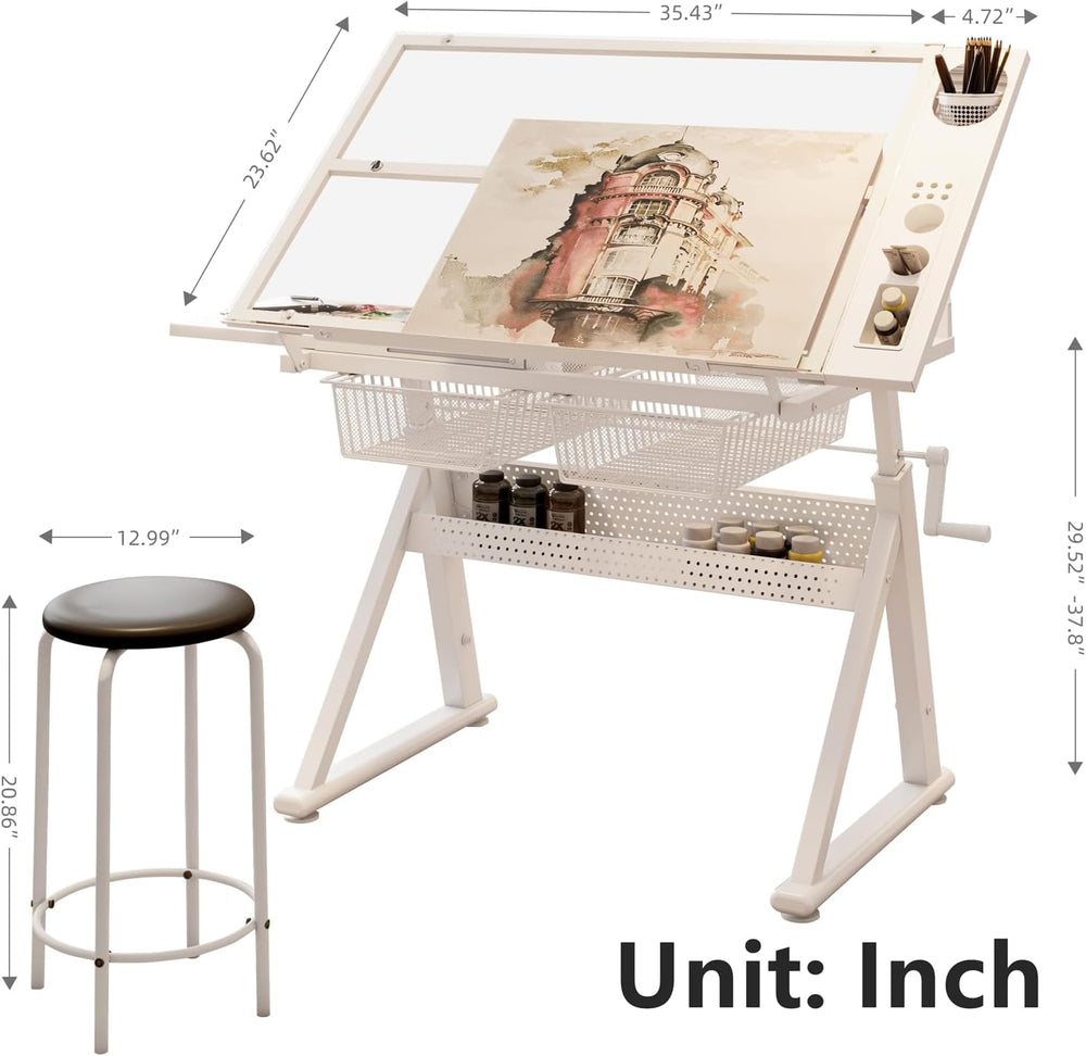 Drafting Desk w/Stool, Upgraded Glass Art Table for Artists, White