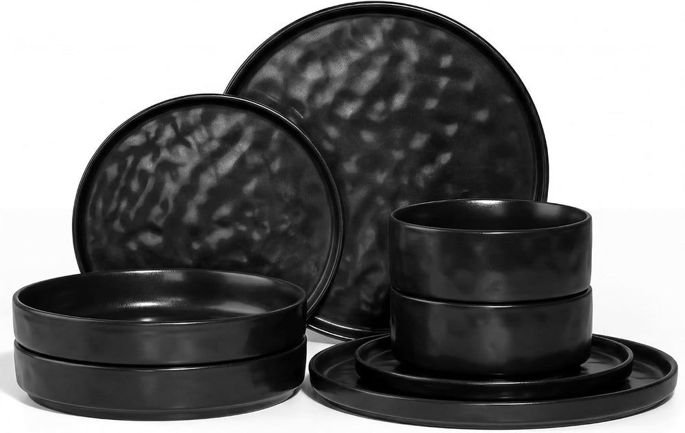 E-far Black Plates and Bowls Sets, 8-Piece Stoneware Dinnerware Set for 2