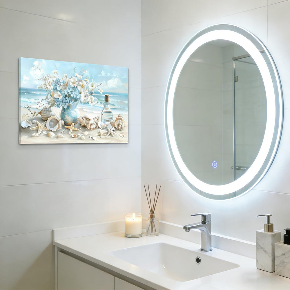 Blue Ocean Beach Bathroom Canvas Wall Art Seaside Seashell Painting Picture W...