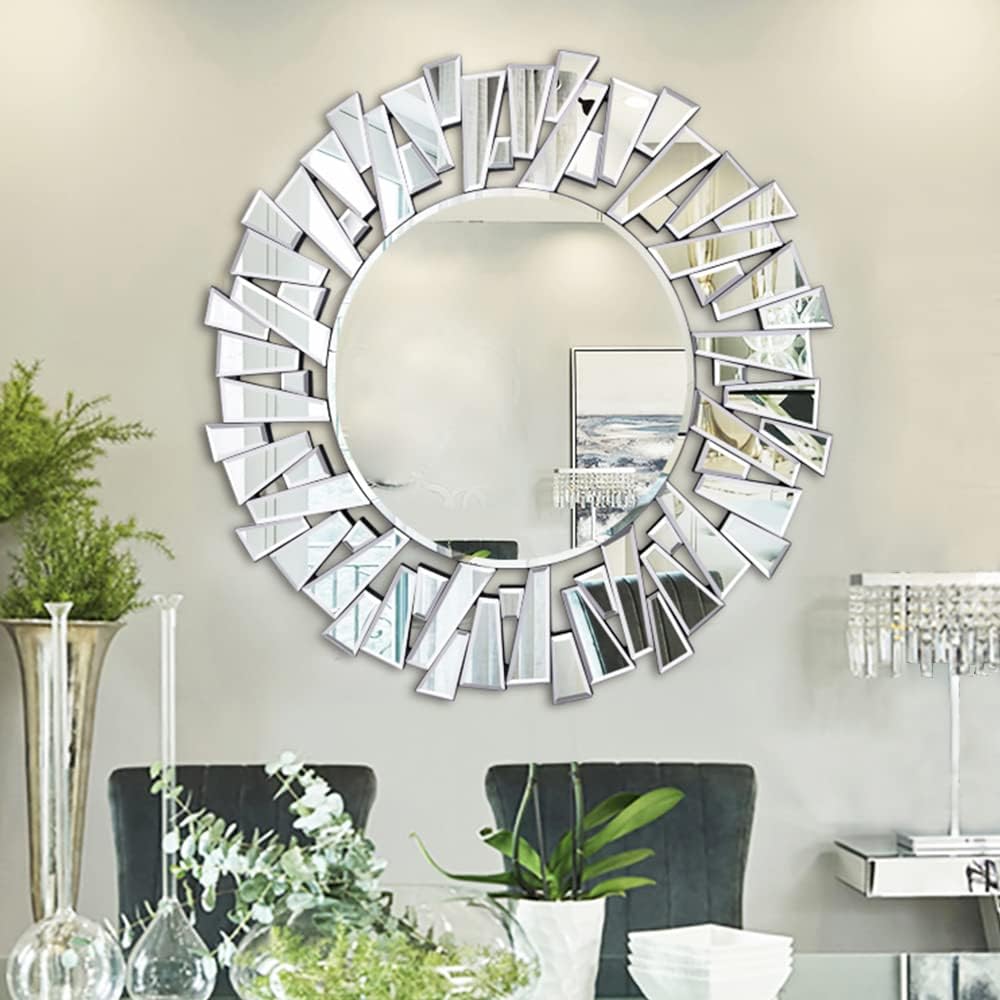 Round Mirror for Wall Decor, 36" Large Living Room Mirror with 3D Bevele...