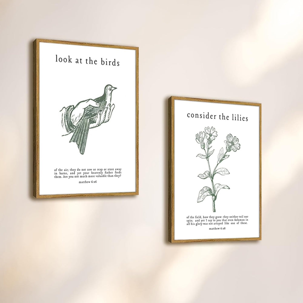 Framed Christian Wall Art Set – Matthew 6:26 “Look at the Birds” & “Consi...