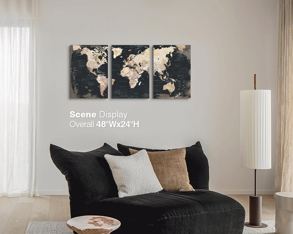 Office Wall Art for Living Room Bedroom Framed Black Vintage World Map