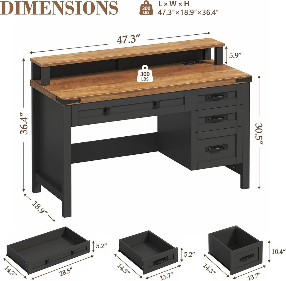 47" Farmhouse Computer Desk with Drawers & Outlets for Home Office, ...
