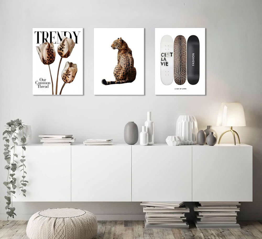 Trendy Leopard Canvas Wall Art Set of 3 Cheetah Printed Preppy Fashion Skateb...