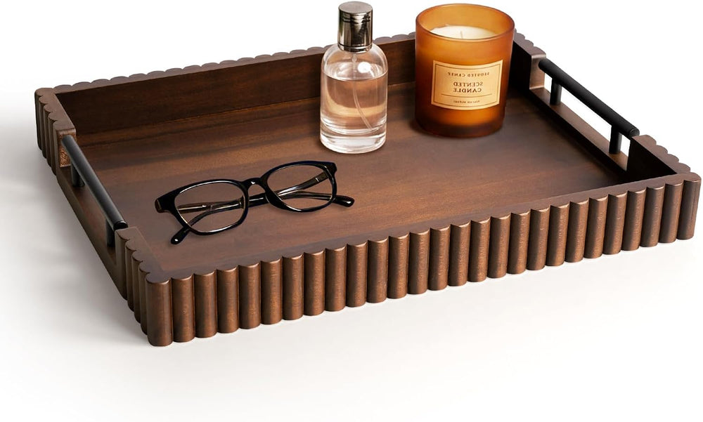 Serving Tray for Coffee Table Decor, 16.7" Decorative Ottoman Tray, Walnut