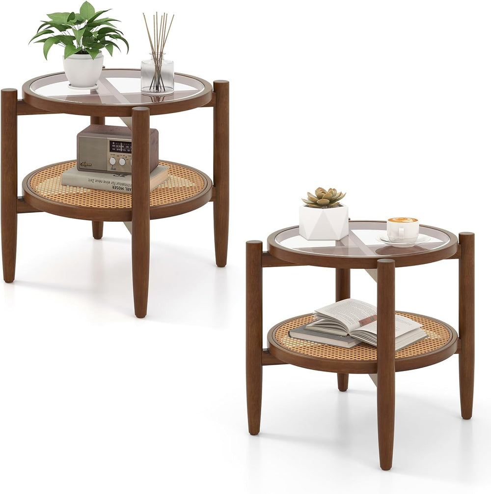 GIANTEX Rattan Round End Table Set of 2, Walnut Boho Nightstand with Tempered...