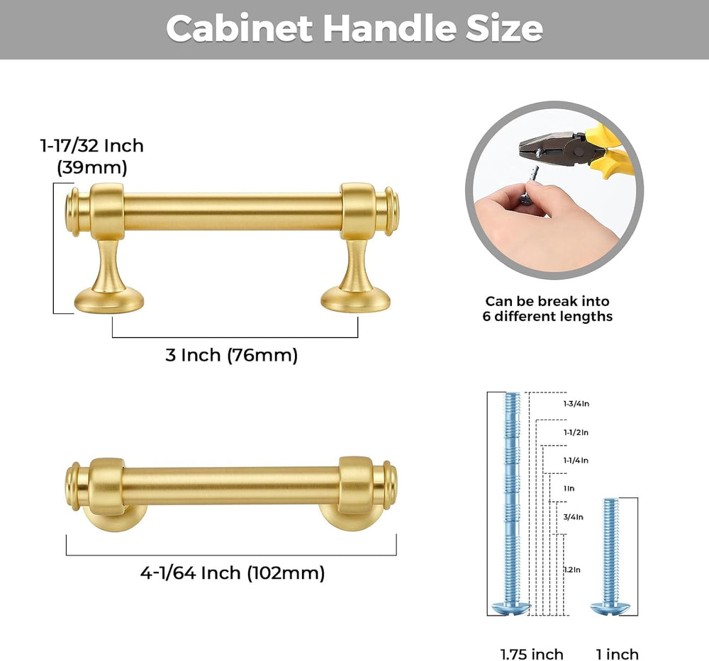 12 Pack Brushed Gold Cabinet Handles, 3" Hole Center Drawer Pulls