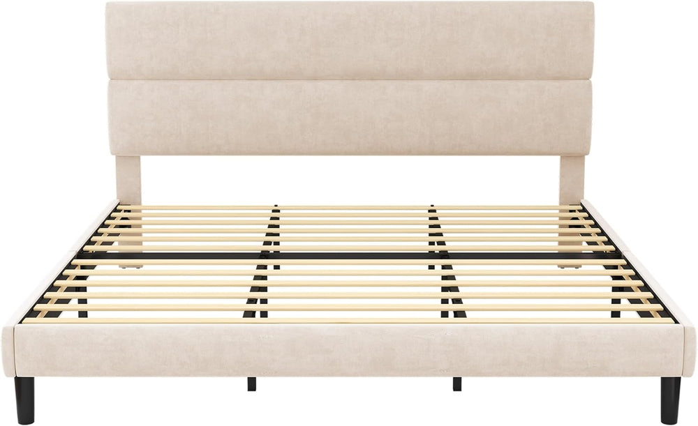 GRUSIGN King Size Platform Bed Frame with Velvet Headboard, Adjustable Height...