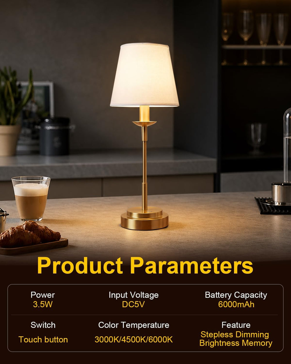 Rechargeable Cordless Table Lamp Brass 17‑inch,6000mAh Built‑in Battery