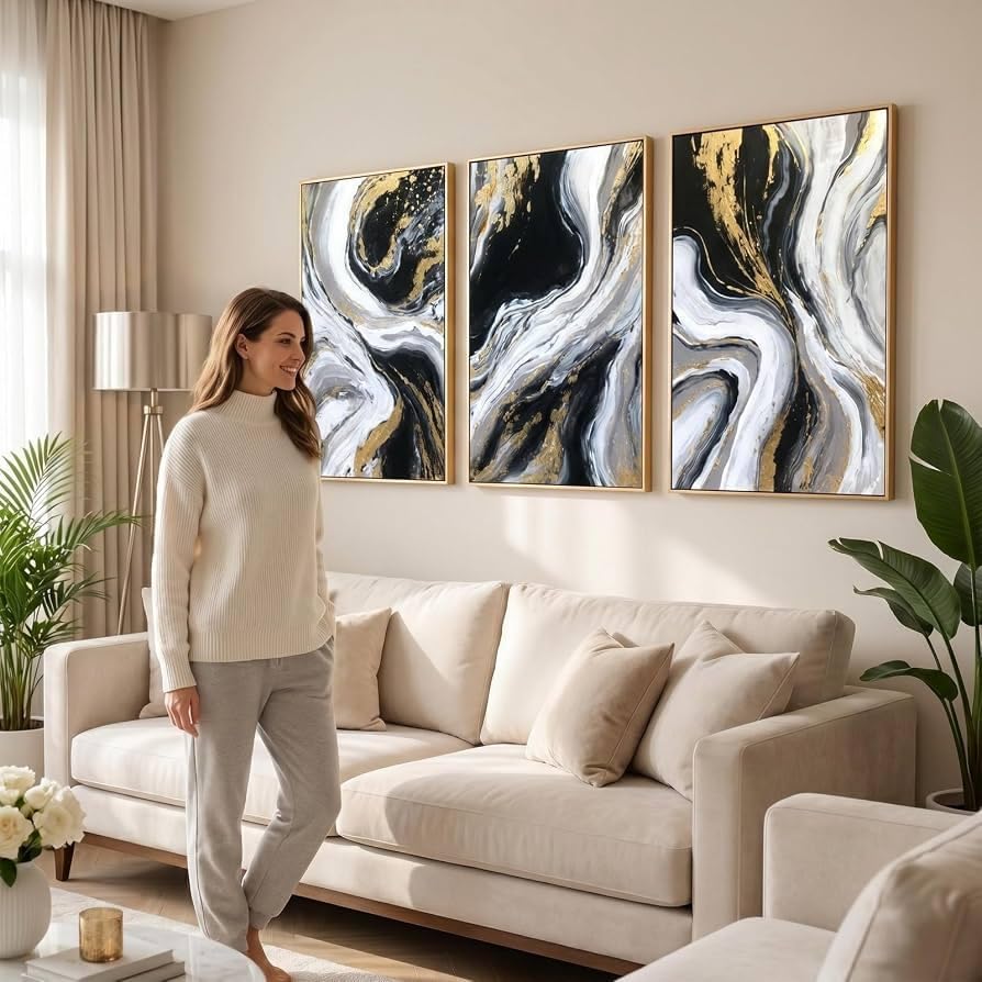 3D Textured Black and Gold Abstract Wall Art for Living Room, Hand Painted Se...