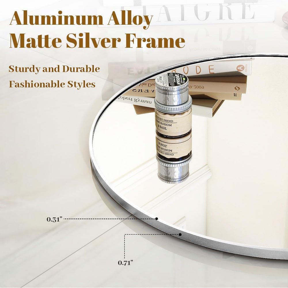 VooBang Silver Round Bathroom Mirror 24", Thin Metal Frame Wall Mirror