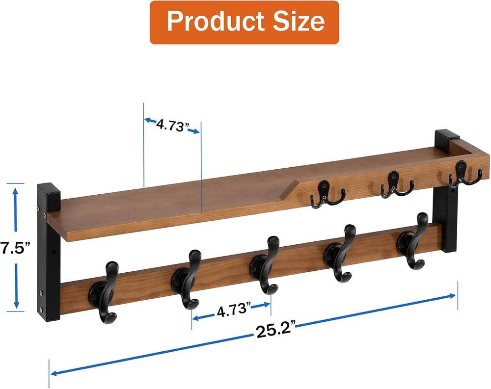 25.2" 4-in-1 Wall Mount Coat Rack with Shelf, Key Holder & Mail Orga...