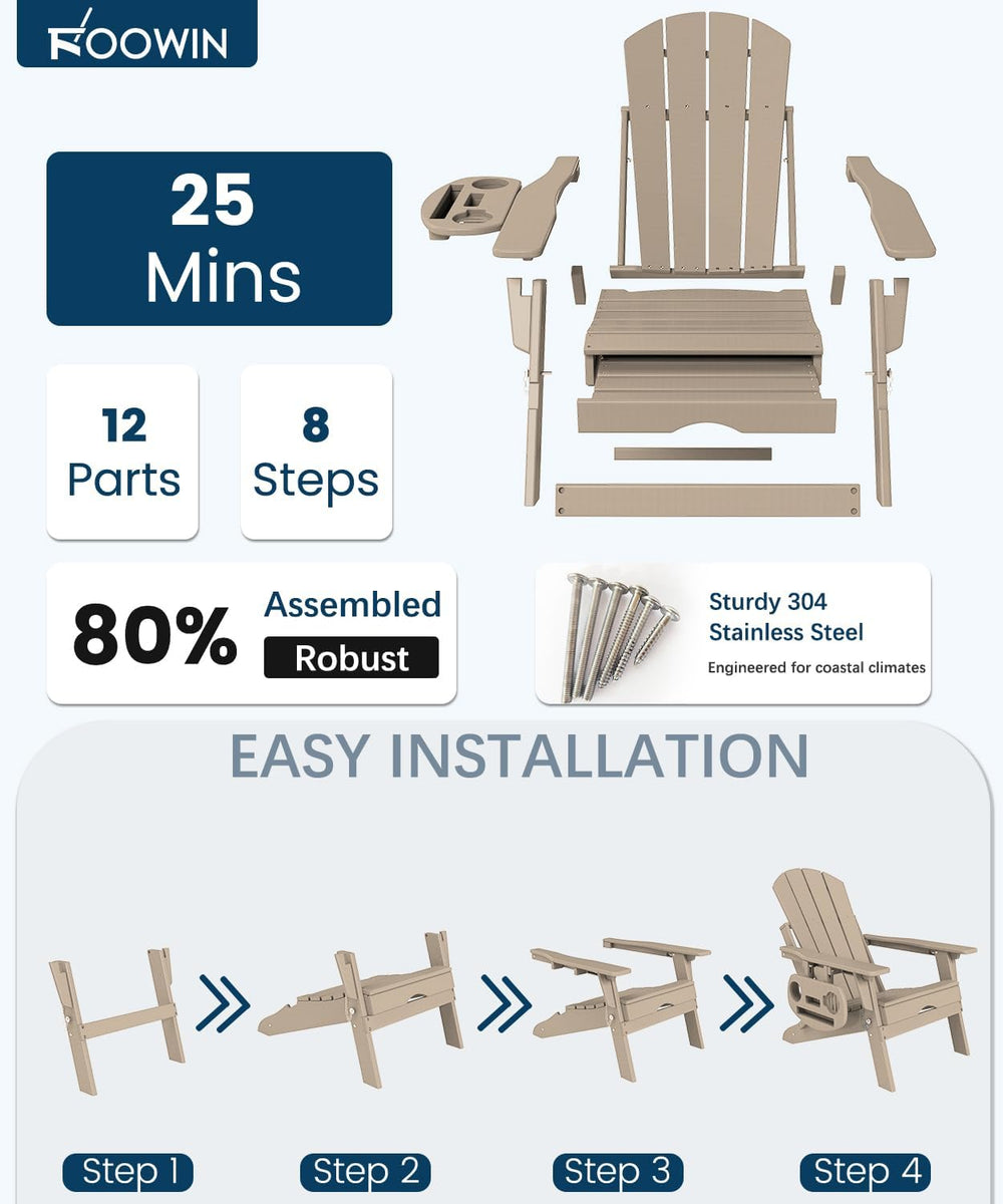 FOOWIN Folding Adjustable Adirondack Chair with Ottoman Set of 2