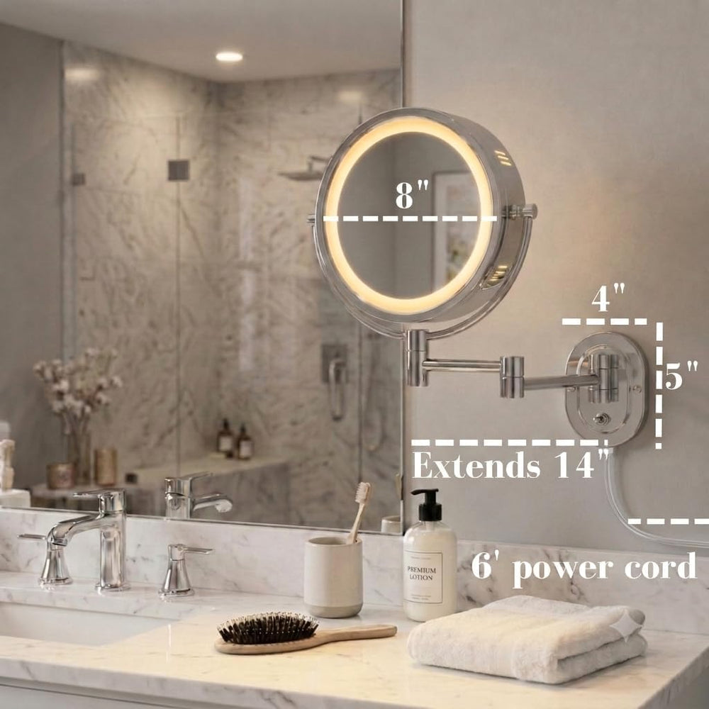 JERDON Lighted Wall-Mount Makeup Mirror - 5X Magnification - Nickel - HL65N