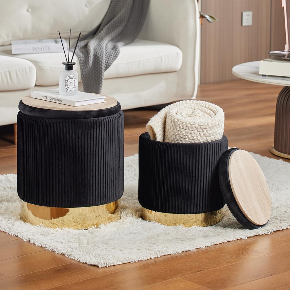 Round Ottoman with Storage Set of 2 Black Vanity Stool Foot Rest
