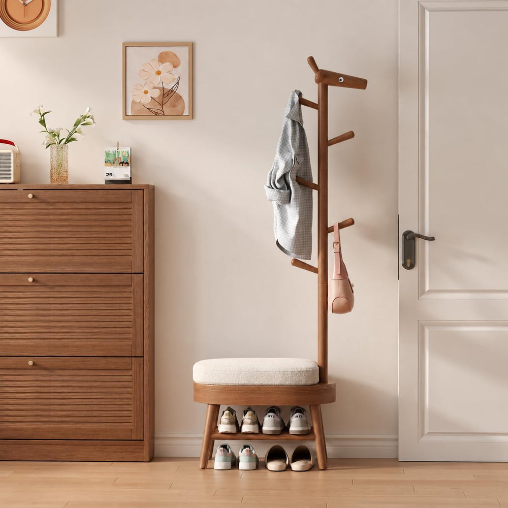 AQIMUELE Shoe Bench with Coat Rack, Shoe Rack with 9 Hooks, Walnut