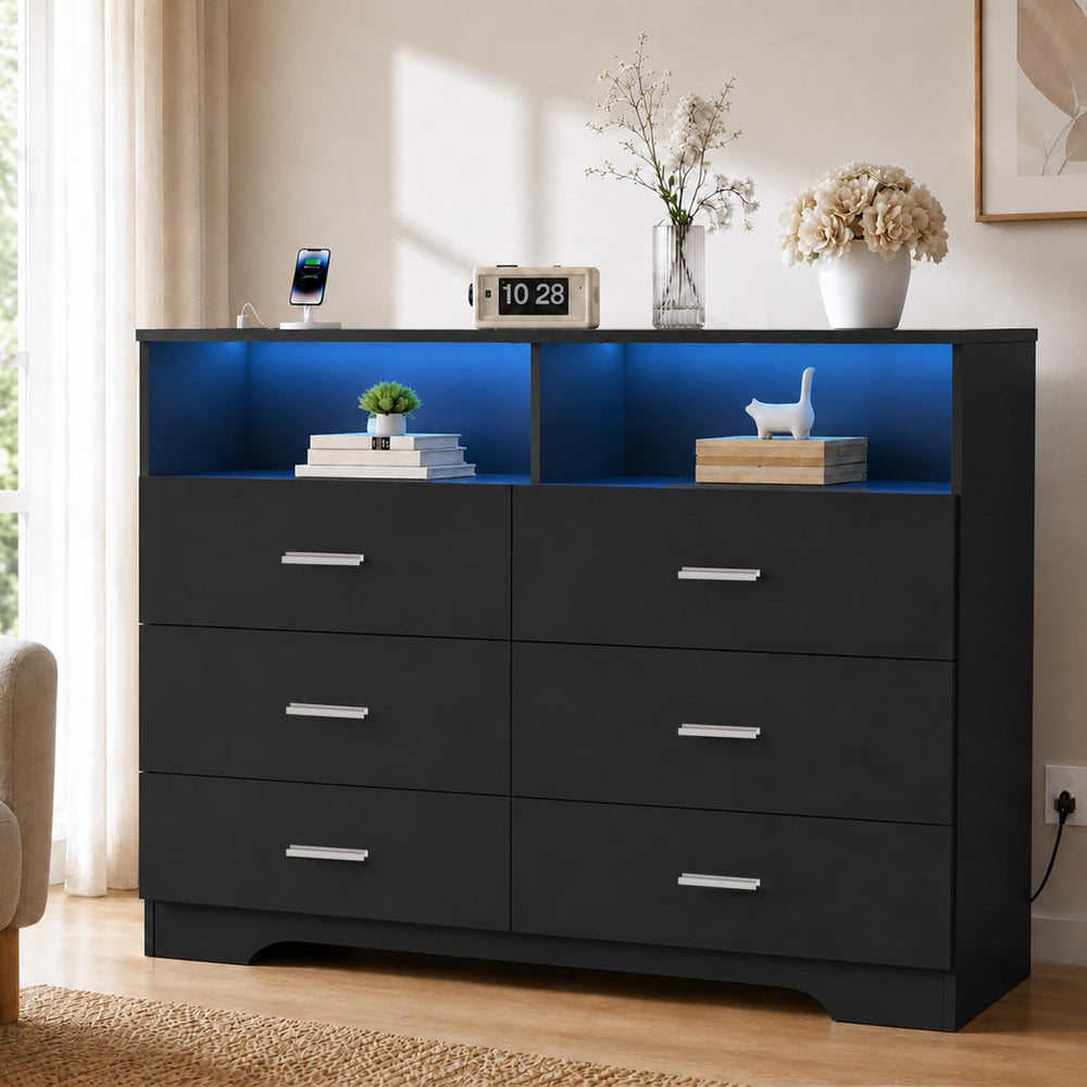 GEPELCN 6 Drawer Dresser with Power Outlets and LED Wooden Chest of Drawers w...