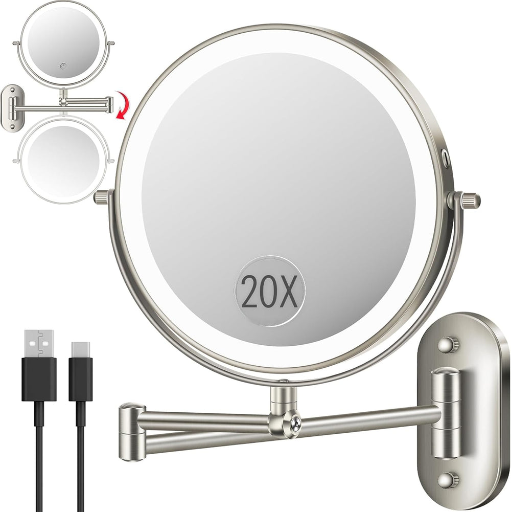 20X 9" Wall Mounted Magnifying Makeup Mirror with Light Height Adjustable