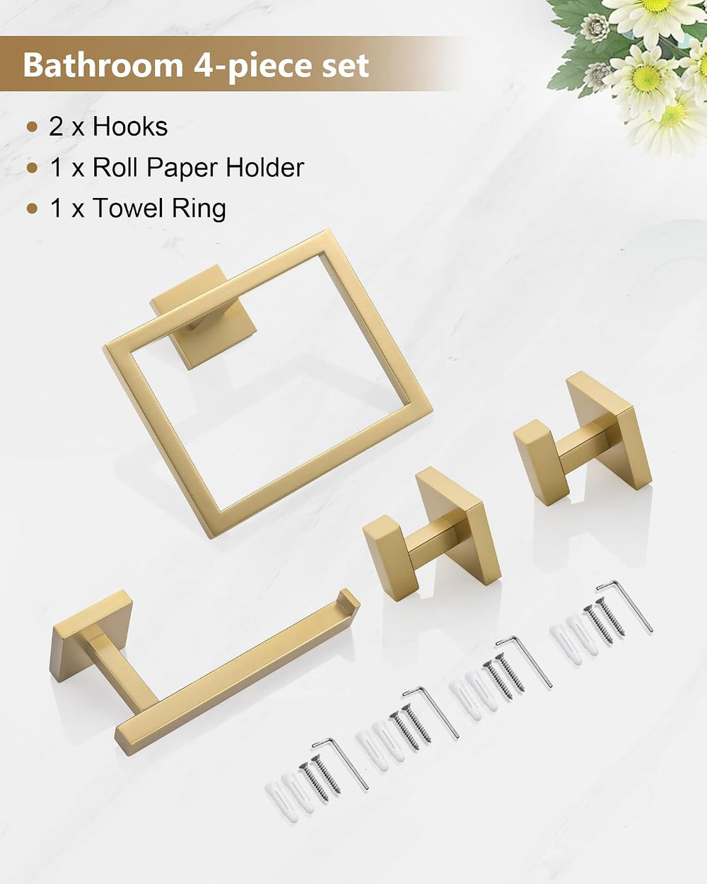 Brushed Gold Bathroom Accessories, Toilet Paper Holder, Towel Ring & Hooks