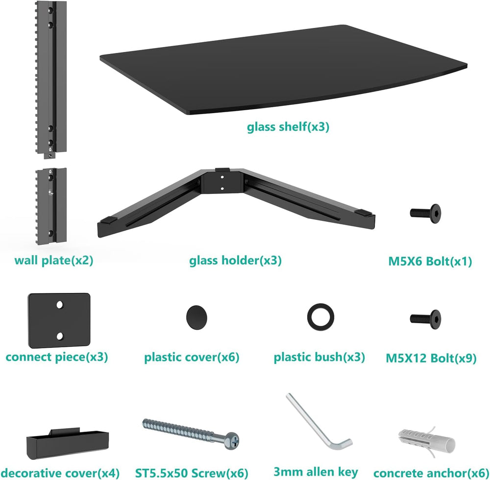 WALI 3 Tier Glass Floating TV Wall Shelf for Projector, DVD Players