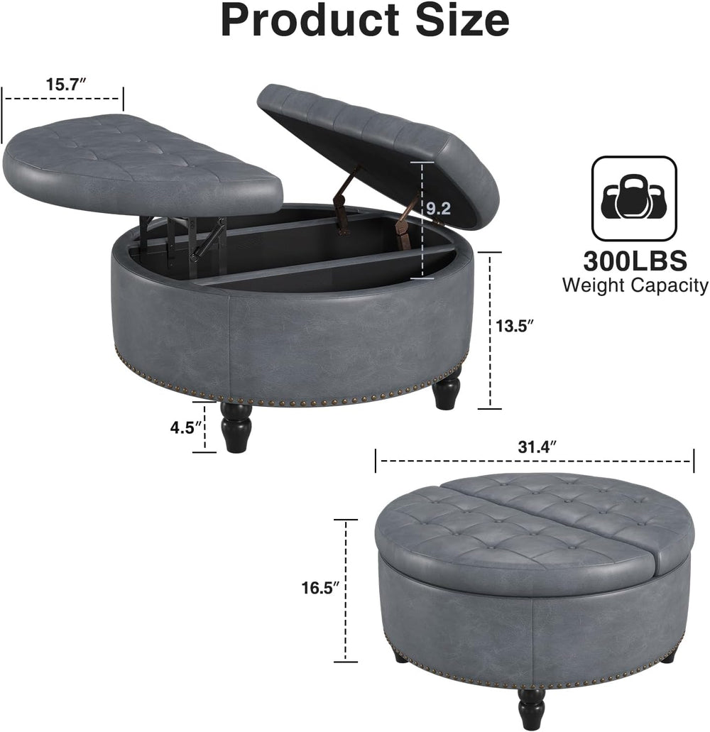 FiveWillowise 31.5 Inch Large Round Ottoman with Storage Circular,Gray Grey
