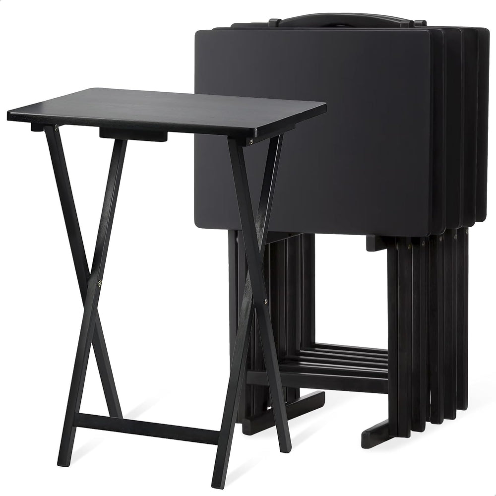 PJ Wood - Folding TV Tray Table Set - 5-Piece with Rack, Black
