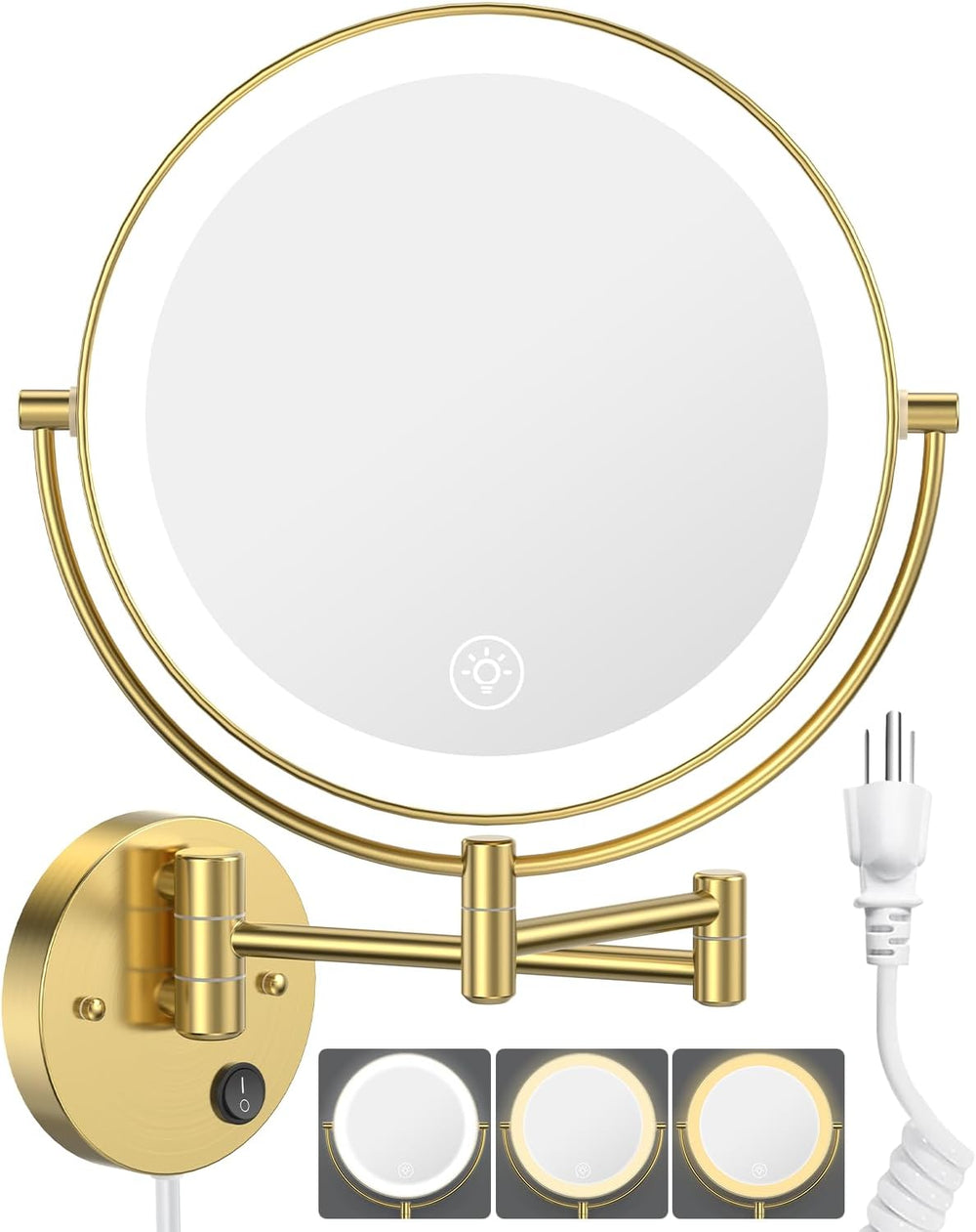 9" Wall Mounted LED Makeup Mirror, 1X/10X Magnifying Mirror Corded, Gold