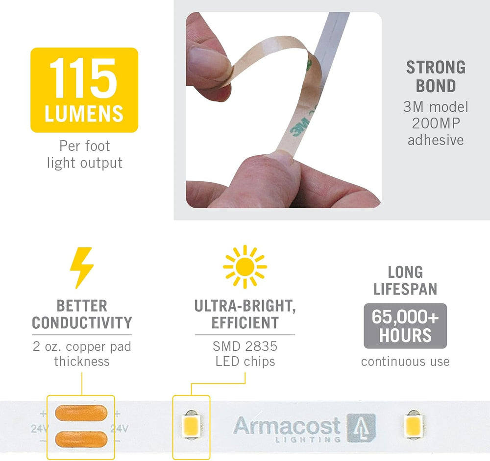 Armacost Lighting RibbonFlex Pro 24V White LED Strip Lights 30 LED/m, 3000K, ...